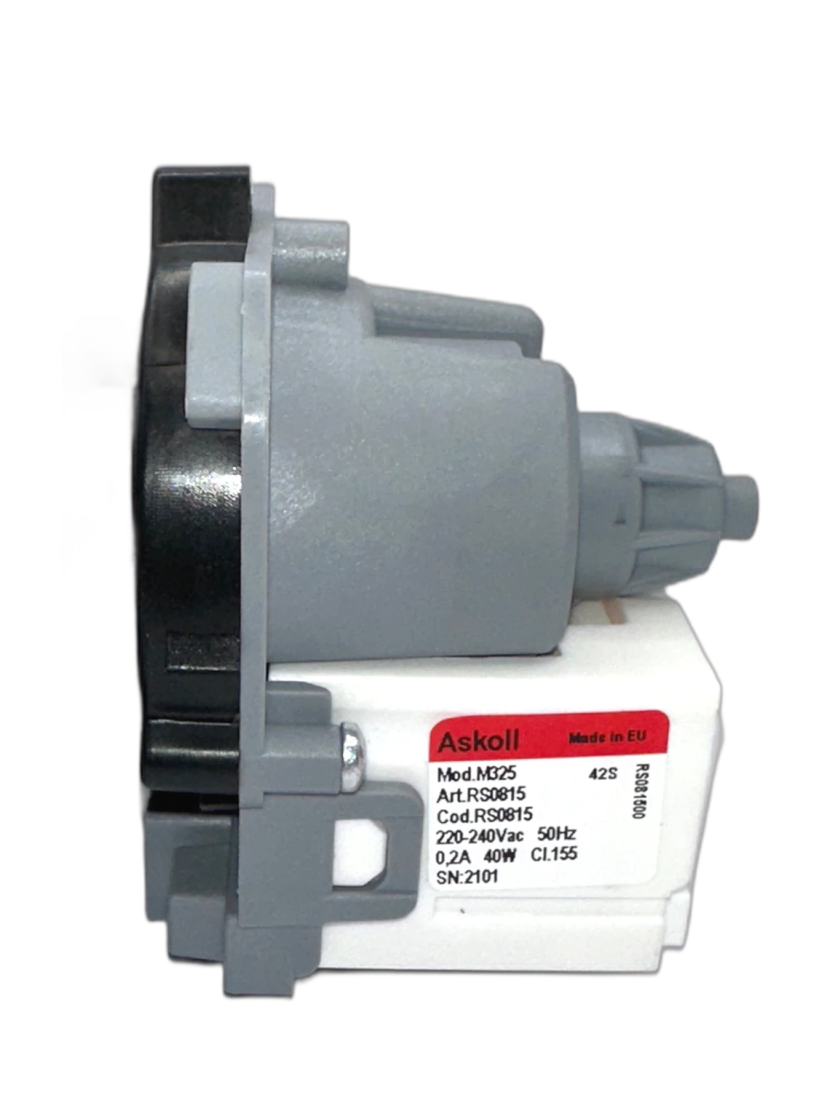 Ablaufpumpe Bosch 00145777 – Ansicht des Pumpenkopfs mit Flusensiebeinsatz und Rast-5-Stecker