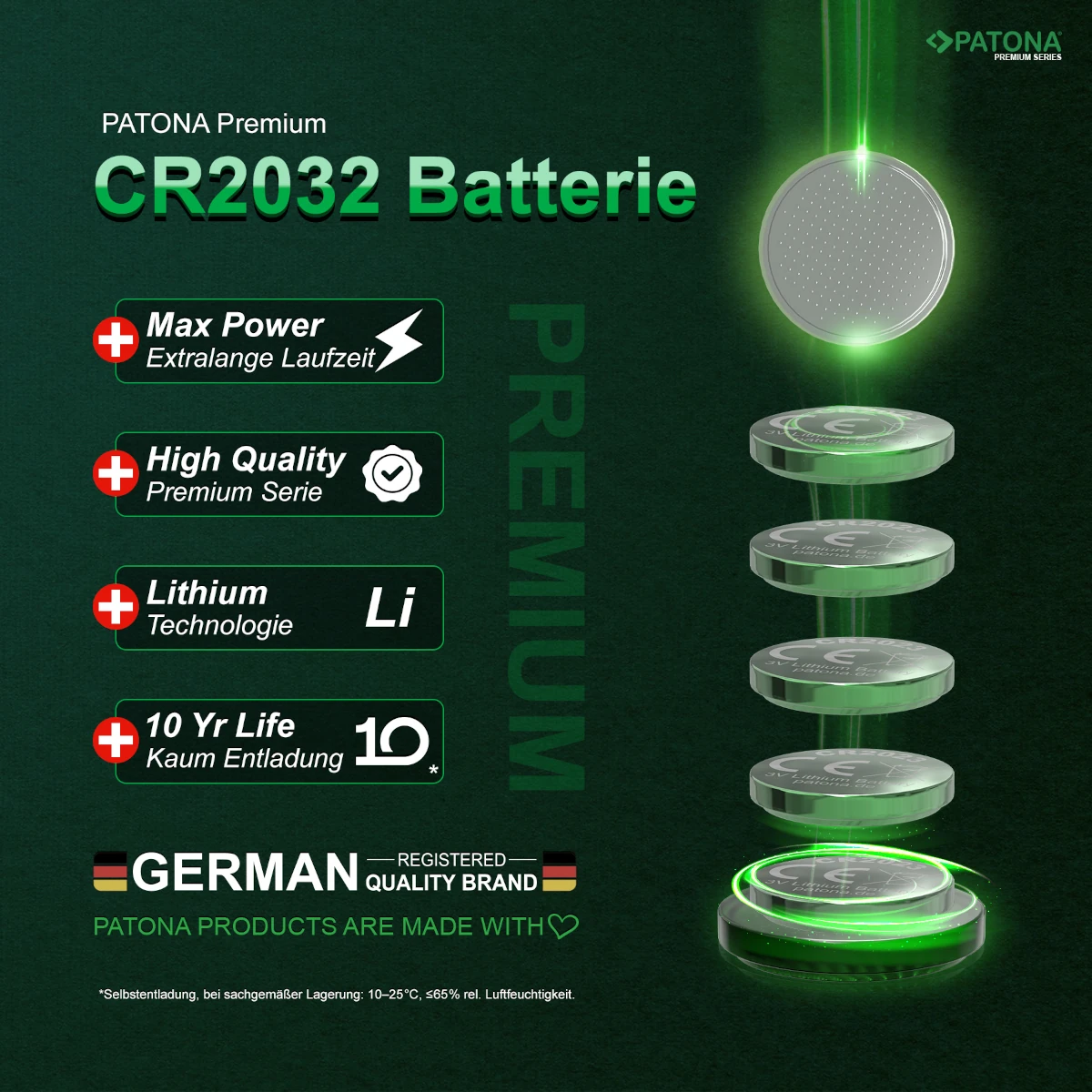 PATONA Premium CR2032 Knopfzelle 3V – 10 Stück Lithium Batterien