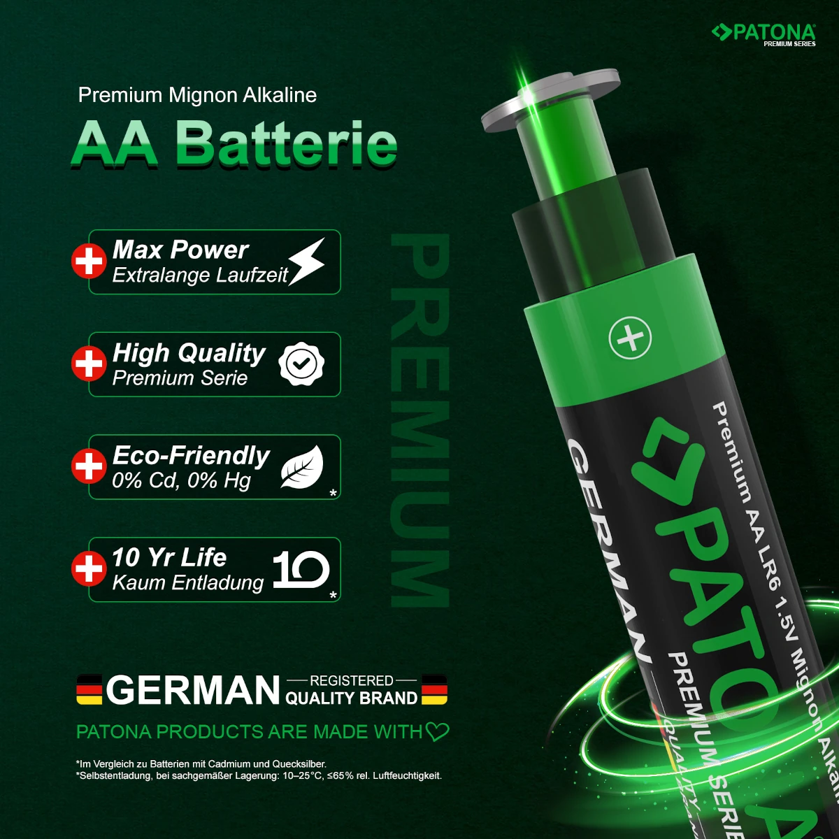 PATONA Premium Alkaline AA Mignon LR06 Batterien 10 Stück Verpackung